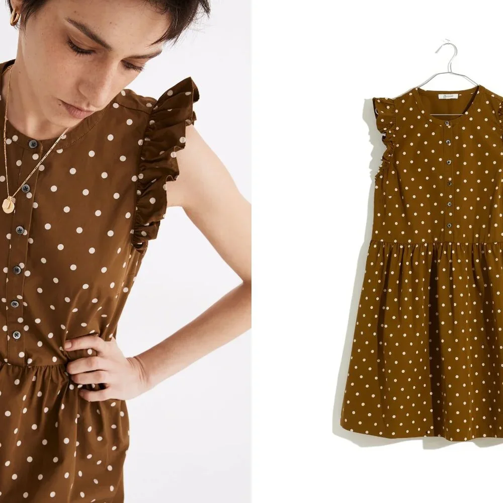 MADEWELL ruffle-sleeve button-front mini dress in polka dot (sz2) - Picture 2 of 14